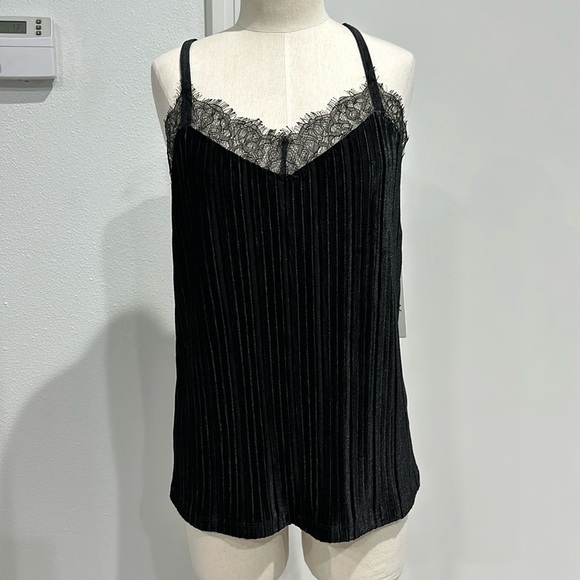 Andrea Jovine Black Velvet Tank Top with Lace Trim - M - Picture 2 of 10